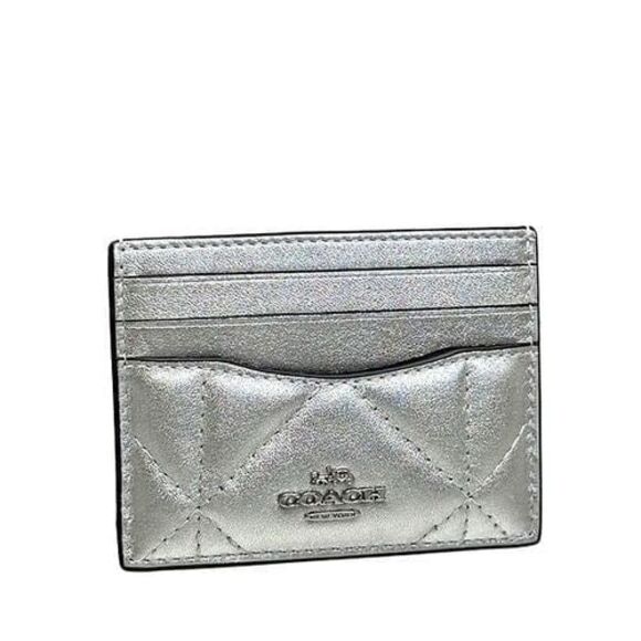 COACH Slim Id Card Case Wallet In Silver Metallic W/ Puffy Diamond Quilting NEW - Picture 3 of 7
